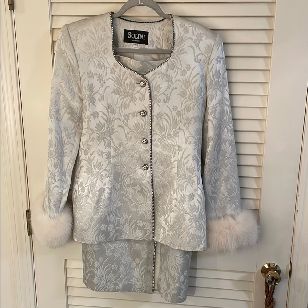 Solini Silver Brocade Jacket and Skirt Set with Sparkling Button Down & Trim